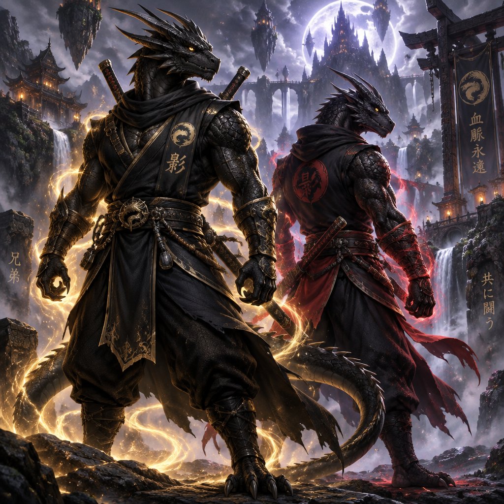 Two brothers, black dragons lizards , muscular in ninja outfits. They were created to help stop extinction.