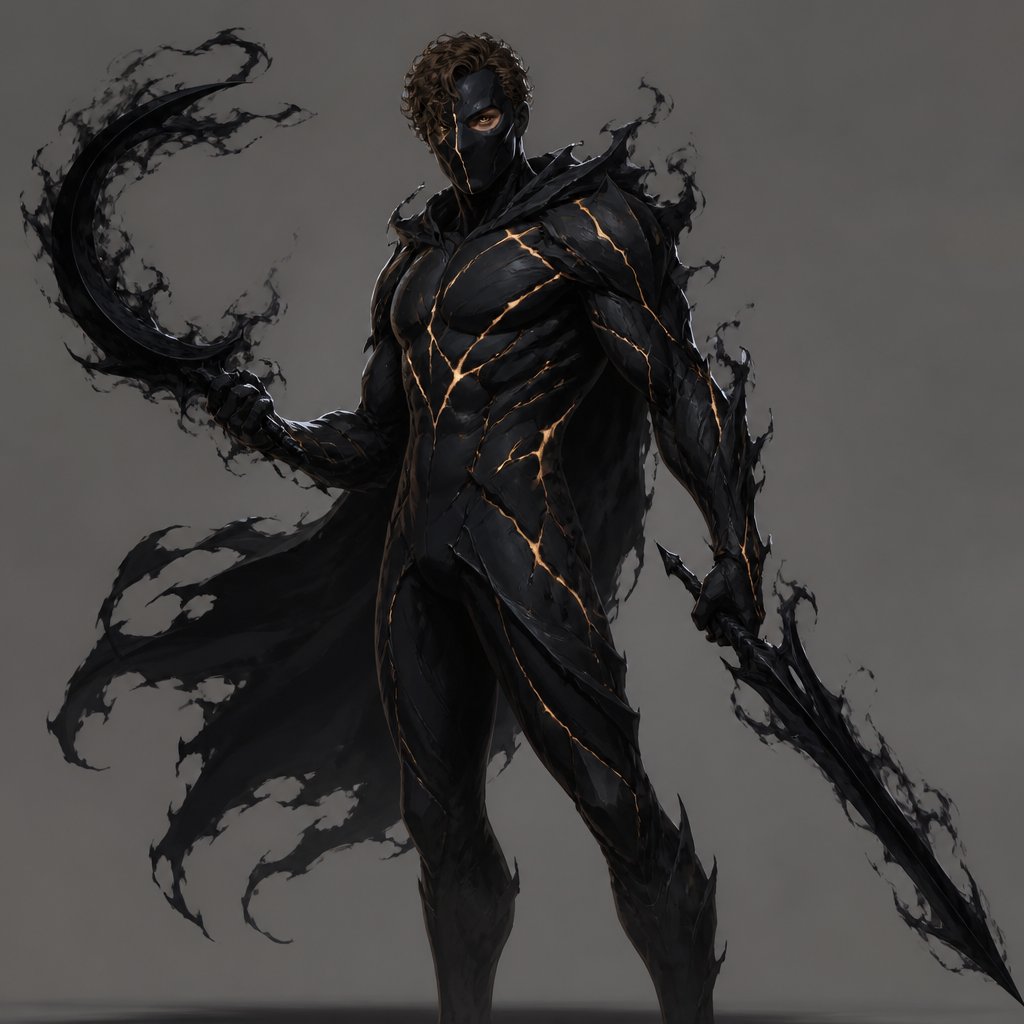 Male superhero with darkness solidification, weapons made of shadows, mask covers whole face except one eye,curly brown hair, cracks, middle aged