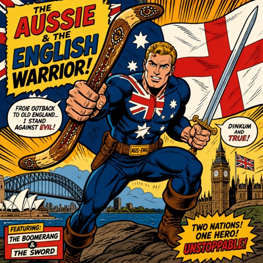 He is a mix of Australian and English hero with the weapons of both powers