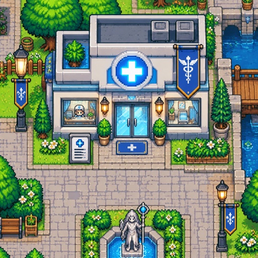 Clinic for a modern fantasy game, exterior, top down style