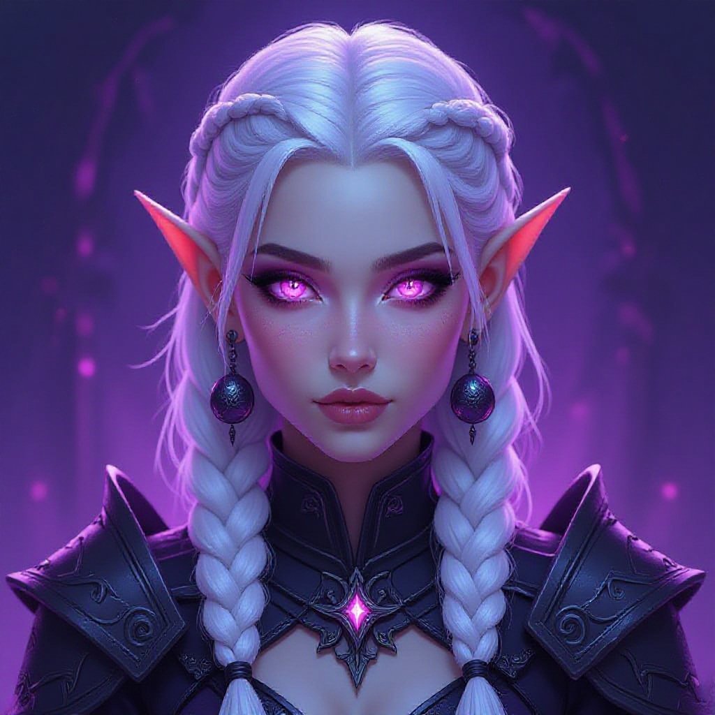 Character Appearance - Lavender Skin: The character's skin has a lavender hue, suggesting a supernatural or elven origin. - Long, Braided White Hair: The hair is shiny, snow-white, and  braided in a ponytail, a fishtail an elegant way, which adds refinement and nobility. - Pointed Ears: The elongated ears indicate possible belonging to an elven race or magical creature. - Phosphorescent Pink Eyes: The gaze is intense and hypnotic, with eyes that seem to glow from within, emphasizing the mystical aura. Clothing and Accessories - Dark Armor with Metallic Texture: The character wears armor-like clothing, with high shoulders and a subtle metallic sheen, like scales. This suggests power, protection, and status. - Sophisticated Design: The armor's details are elaborate, with textures that reflect light in a dramatic way. - Large round earrings: Hoop earrings add an interesting contrast between the hardness of the armor and the elegance of the accessories.Background and Atmosphere - Dark Purple Gradient: The background is composed of shades of purple and purple, which blend harmoniously with the character's skin and eye tones. - Dramatic and Mysterious Atmosphere: The colors and lighting create a sense of intensity, as if the character is about to enter an epic confrontation or a magical ritual. Artistic Style and Theme - Digital Fantasy Style: The work is created with a refined digital technique, specific to modern fantasy arts. - Theme of Power and Mystery: The character appears to be a warrior, a leader, or a being with magical powers, in a fantasy universe.