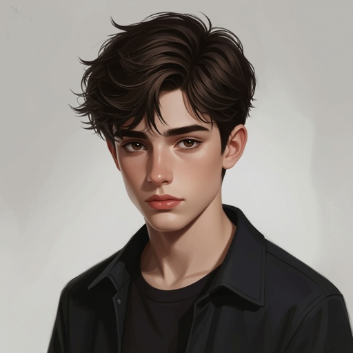 Dark Mysterious teen boy with dark brown hair brown eyes and with a dark past