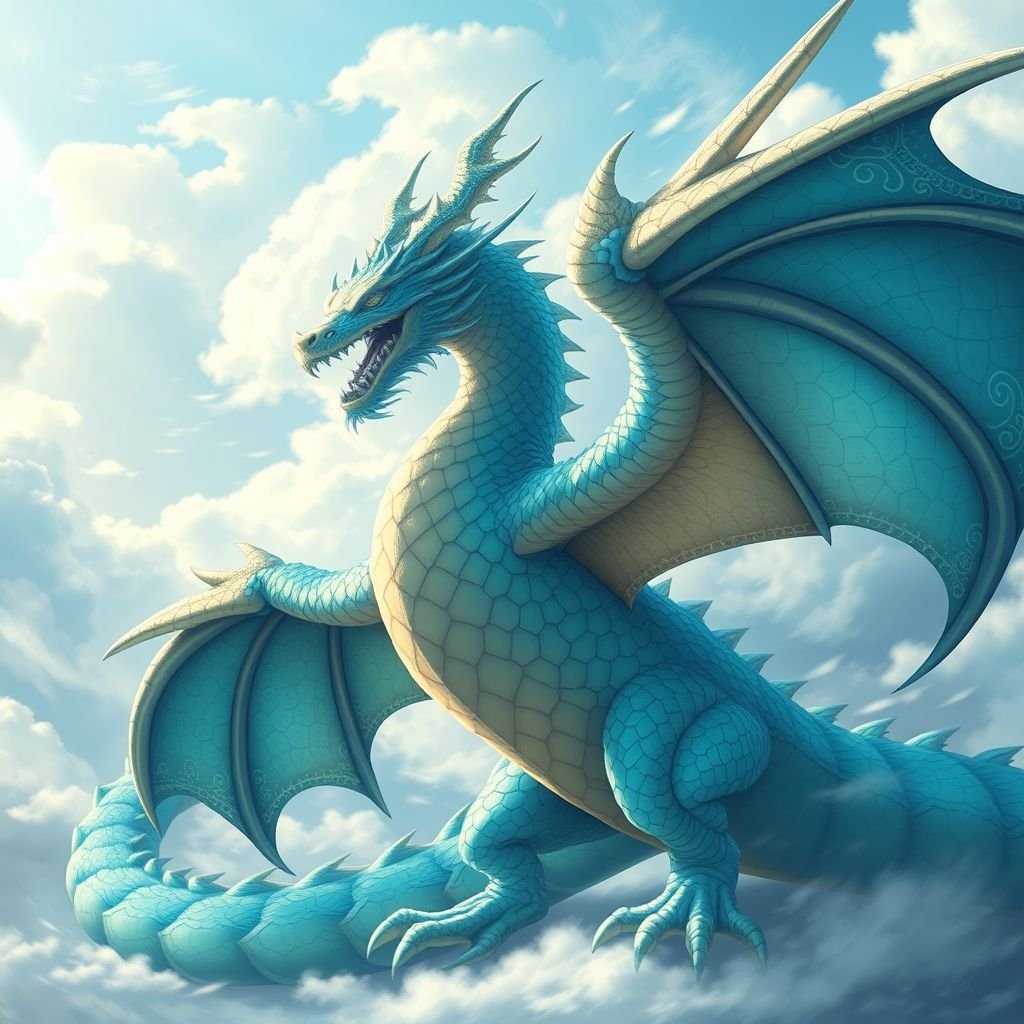A colossal cyan coloured four winged dragon soaring through the sky