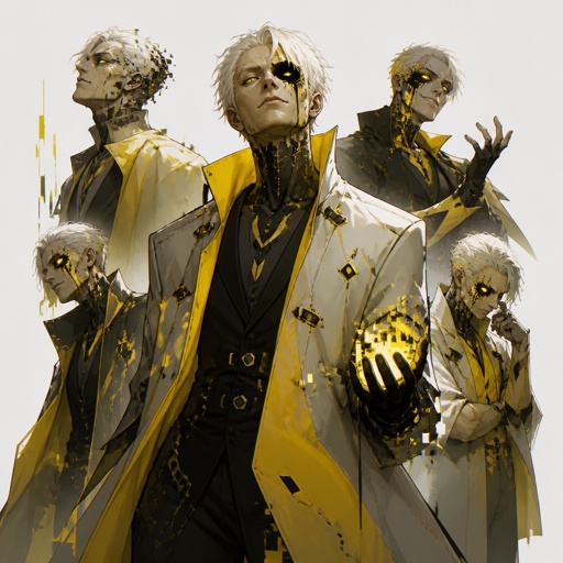 Male supervillain with glitch abilities,missing eye, yellow color palette , white hair, multiple of the same character 