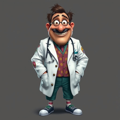 create a doctor. Who is funny human looking from head to toe. And he always immediately results to surgery for anything even small things. So please be sure to show his whole outfit head to toe. Make him have only 1 tooth