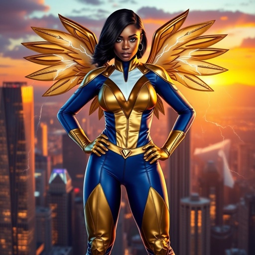 African American female superhero with neck length hair in a side part style wearing a leather gold white and blue suit with blue pants and gold boots with a stylized V as her chest emblem and lightning wings standing in a city at dawn