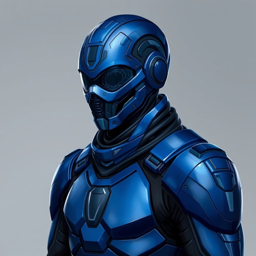 A man in a blue modern day military style suits with a full face mask