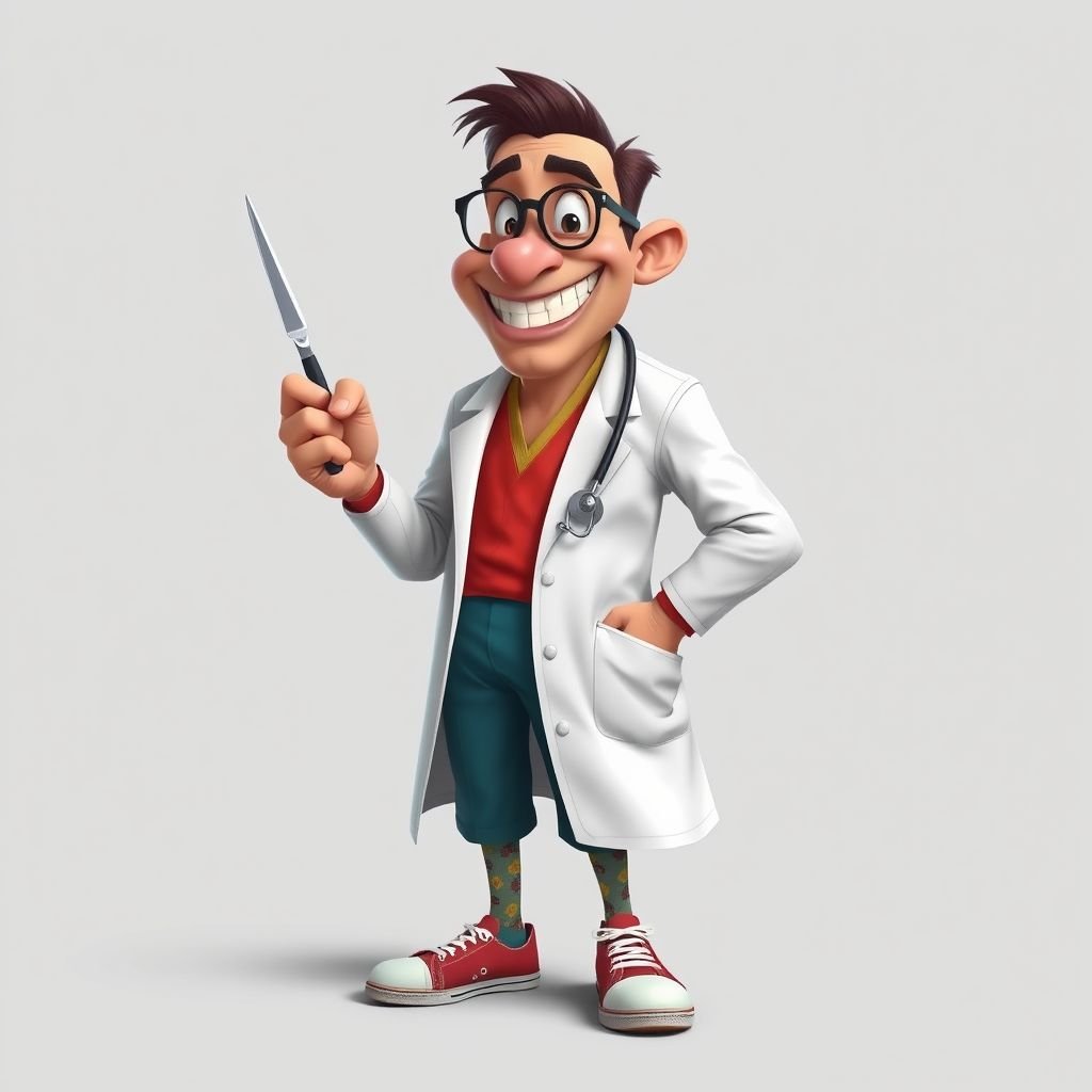 create a doctor. Who is funny human looking from head to toe. And he always immediately results to surgery for anything even small things. So please be sure to show his whole outfit head to toe. Make him have only 1 tooth