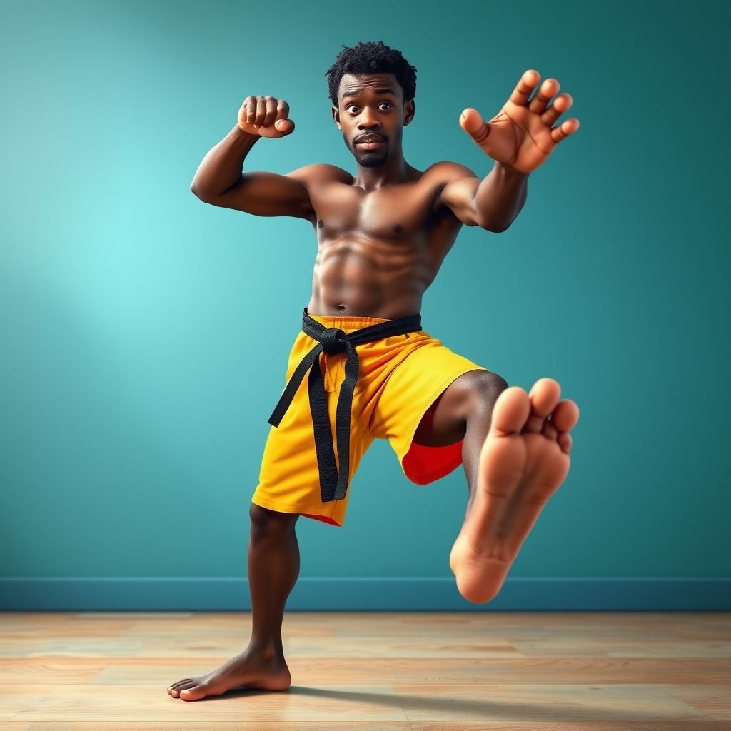 Create a character who looks like a funny African karate guy who doesn’t have a clue what he is doing. Make him have weird toes, only speedos on and a black karate belt. Make him tal skinny and slinky.