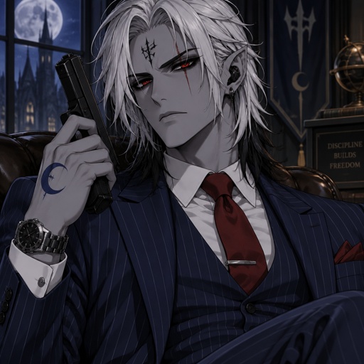 Male, grey skin, cheekbones, pointy ears, black eyeballs red iris, scar across one eye, white shoulder length hair black tips, black symbol on forehead, half blue moon on back of hand, earpiece, holding gun, wristwatch, pinstripe blue suit, red tie, serious