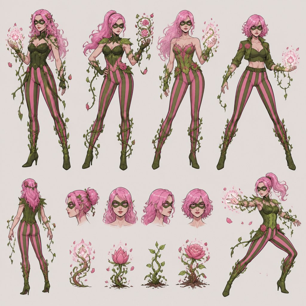 Female superhero with plant powers, mask, pink hair, striped pants, multiple of the same character