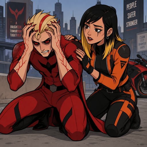 Male, blonde greased brushed back hair, neck length hair, curl on forehead, red streak in hair, slim, scar on lip, red and black spiral eyes no whites, superhero with chaos powers, cool outfit red no cape, pointy ears, pointy fingers with red tips, red veins, Asian female with straight black short neck length hair, yellow tips, side bangs on one side, eyebrow piercing, under eye mascara, ear piercing, motorcycle clothes orange, gloves, the guy is on his knees with his hands on his head in distress, the female is trying to talk to him to calm him down with an extremely worried look on her face, city background