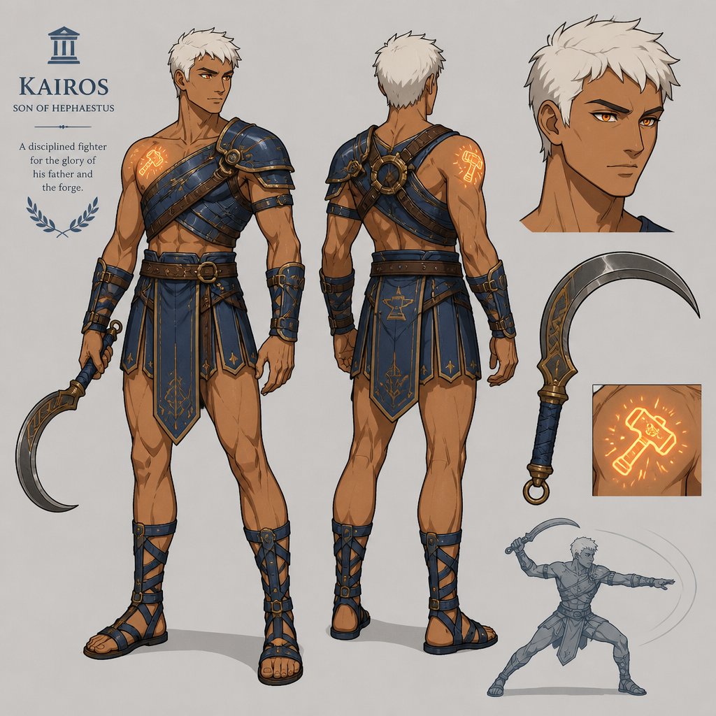 young Greek tanned man with short white hair with orange iris wearing Greek style blue leather armor and a pair blue leather sandals wielding a sickle with glowing tattoo of hammer on his right shoulder