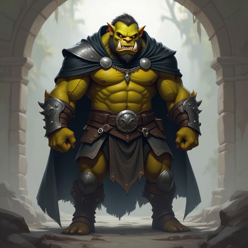 An half ogre with mustard yellow skin, quite muscular, with sharp protruding teeth, a black cape and a heavy chain mail armor.