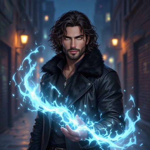 Mężczyzna o długich, lokowanych,  ciemnobrązowych, włosach. z krótkim zarostem.  ciemne oczy. Ubrany w czarną futrzaną kurtkę. Wąskie usta. Bez kolczyków. Pyzaty. Przymknięte oczy. kaukaska karnacja