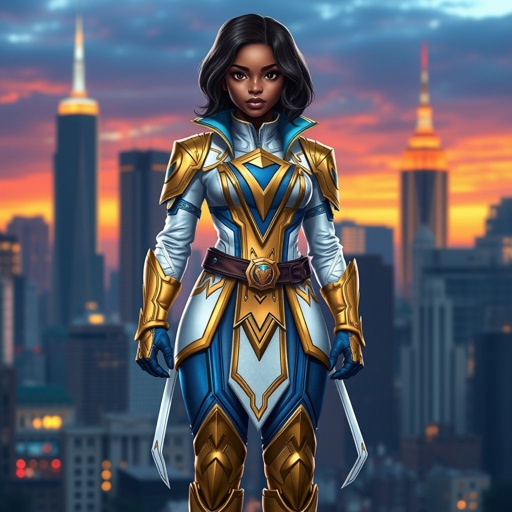 A teenage African American female superhero with slightly curly hair in a shoulder length side part style wearing a slightly medieval white and Gold suit with blue accents and a stylized V as her chest emblem a utility belt and gold boots standing in Philadelphia