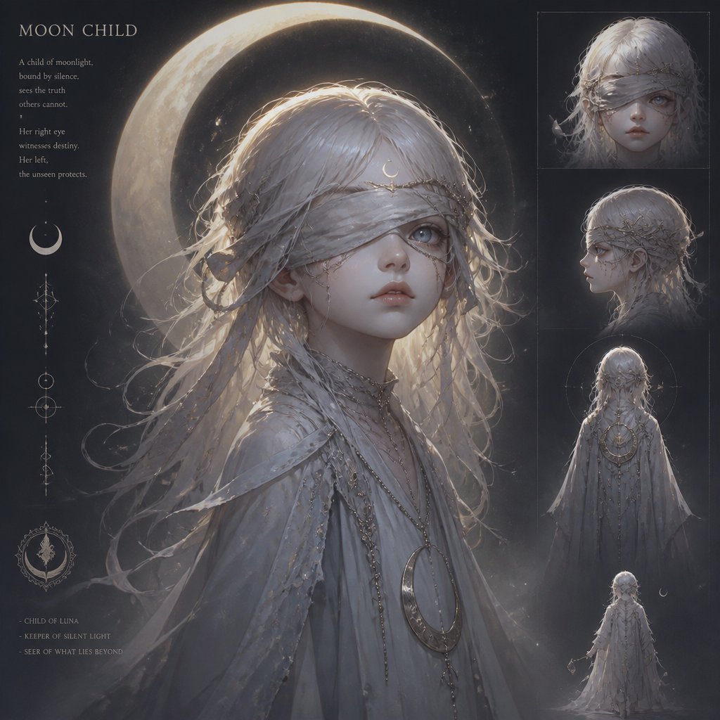 moon child with blindfold only right eye showing