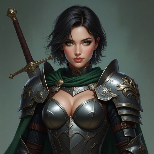 knight with his helmet off, short dark hair, medium skin tone, green eyes, muscles