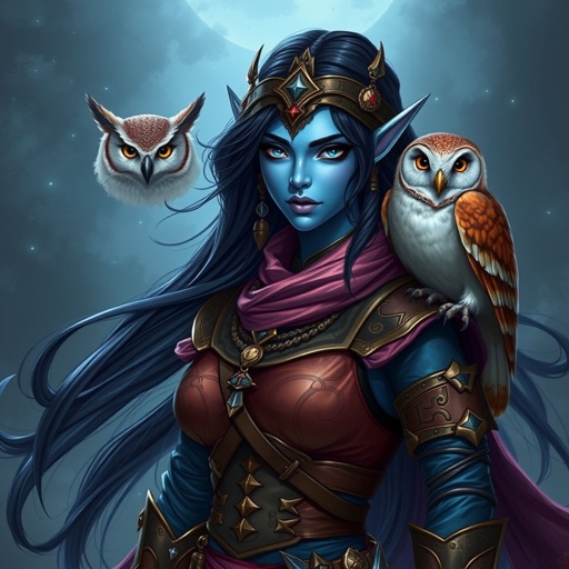 High elf Gypsy rogue fighter blue skin black hair owl companion