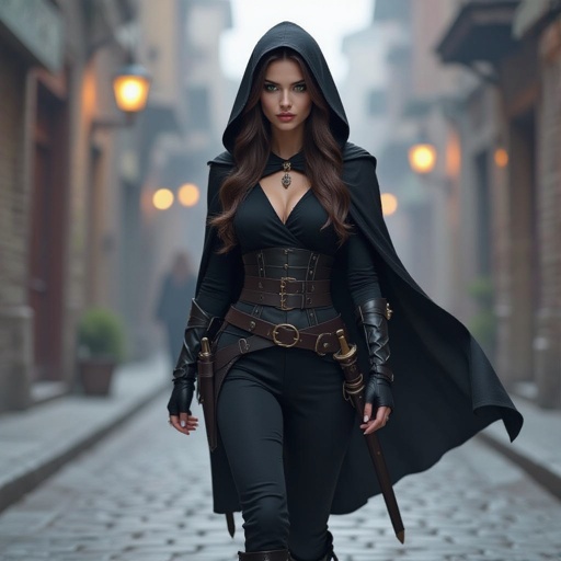 Human woman. Brown long hair and green big eyes. She wears a black cape. A tight black blouse and black pants. She has a belt on which he carries daggers and swords. She wears high, heavy boots. She carries a short sword. She has a long sword on his back. She wears a hood. It's night. A dark alley. The screen is from below. A woman approaches us. A cold expression appears on her face. An amber necklace gleams around her neck. She wearing black armor. The woman is pale. She has a delicate beauty. Her eyes are painted black. She looks menacing. pale complexion