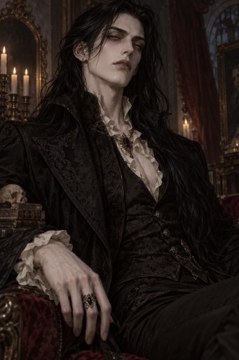 Vampire; 6'5; long obsidian hair that passes his shoulders and looks like silk; high cheekbones; intense, piercing amber eyes framed by long dark lashes; sharp, angular features; ethereal; slender frame with lean muscle; prominent collarbones; dresses like a Victorian goth; pale, porcelain skin that looks like it's never seen the sunlight; dark eyebrows; heavy-lidded eyes
