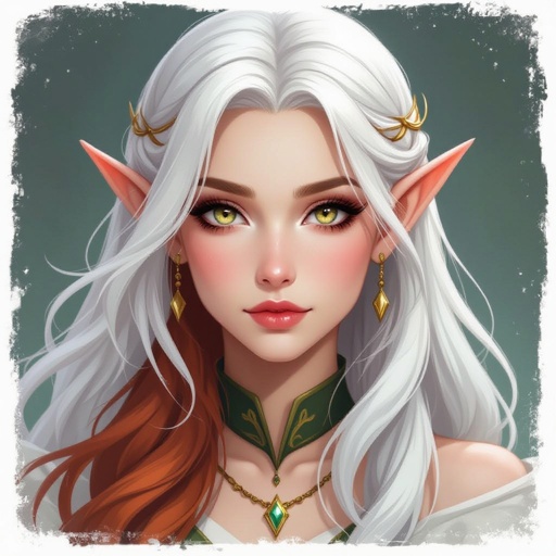 Female elf that has white and auburn hair with gold eyes 