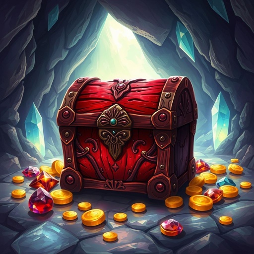 Red Treasure Chest made of wood on a cave floor