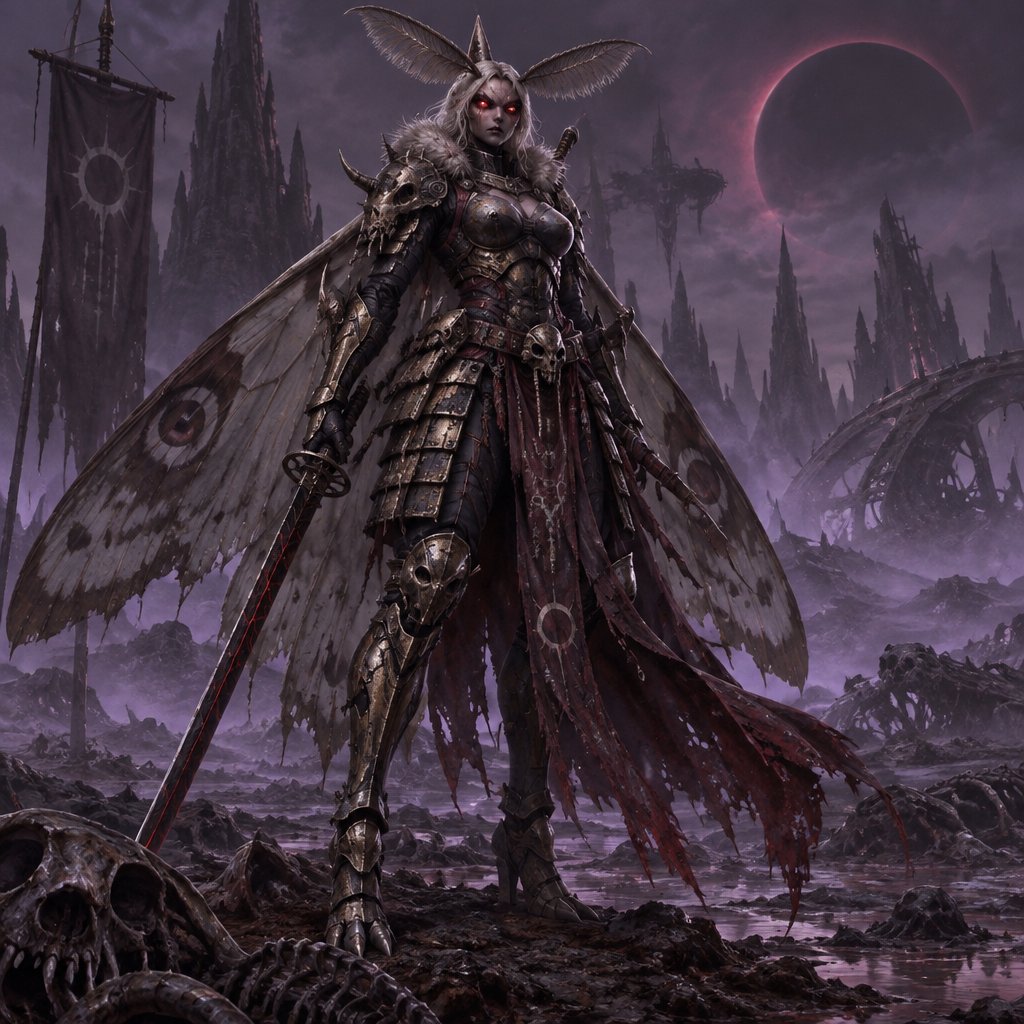 A gorgeous alien moth woman in a futuristic space samurai armor. Show whole body.