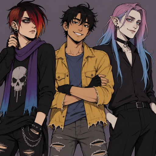 Male, teen, green eyes, ear piercings, black shirt with skull, purple scarf with blue tips, brushed smooth neck length hair covering one eye, light red light orange and black hair gradient, black nail polish, black eyeshadow, Male, Asian, black messy neck length hair, bangs, hair covering ears, light stubble, smile, yellow frayed jacket, grey ripped jeans, blue shirt, gloves, Male, pale, vampire, thin, light blue eyes, cheekbones, medium length brushed smooth hair, all back hair over right shoulder, bangs, pinkish purple and light blue hair gradient, tassel earrings, jewelry, black button up shirt with upturned collar, choker, smirk, eye bags, pointy ears