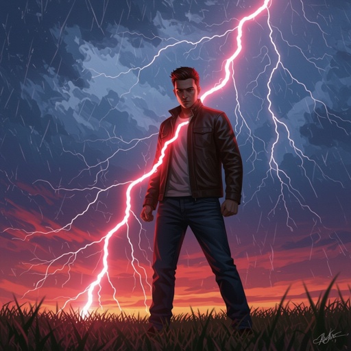 Zoom out the picture put red lightning striking and him holding it and dark sky 