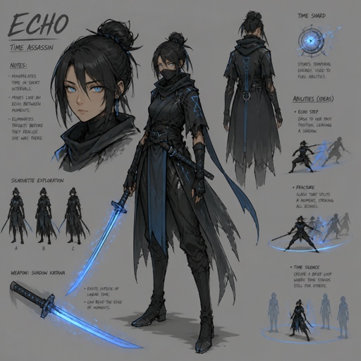 assassin name echo, time power, light blue eyes, blue shadow katana