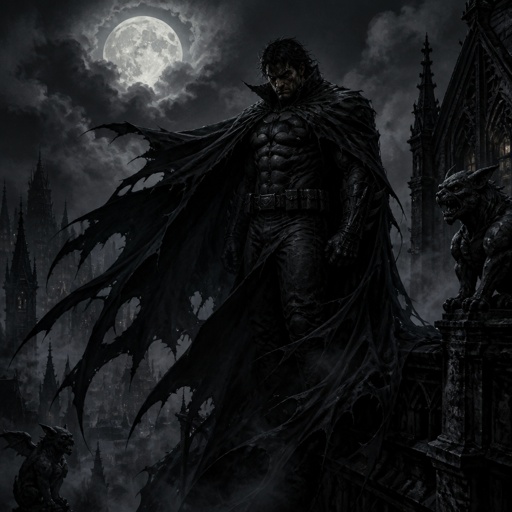 Male brooding vigilante with an agile ,lean and muscular body.Has an aggressive jawline,has a massive cape that is shredded at the end like a bat . The cape is draping over his shoulders , he is angry ,  he is standing on a rooftop 