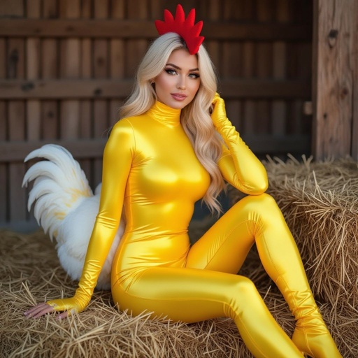 Blonde Babe in skin tight spandex chicken costume sitting on hay