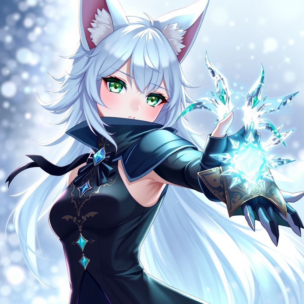 (Genshin Impact based) A pale teenage girl with a Cryo Vision wearing a royal black top and trousers with hair and small fox ears as white as snow with emerald eyes and conducting ice. She also has an ancient mythical right arm