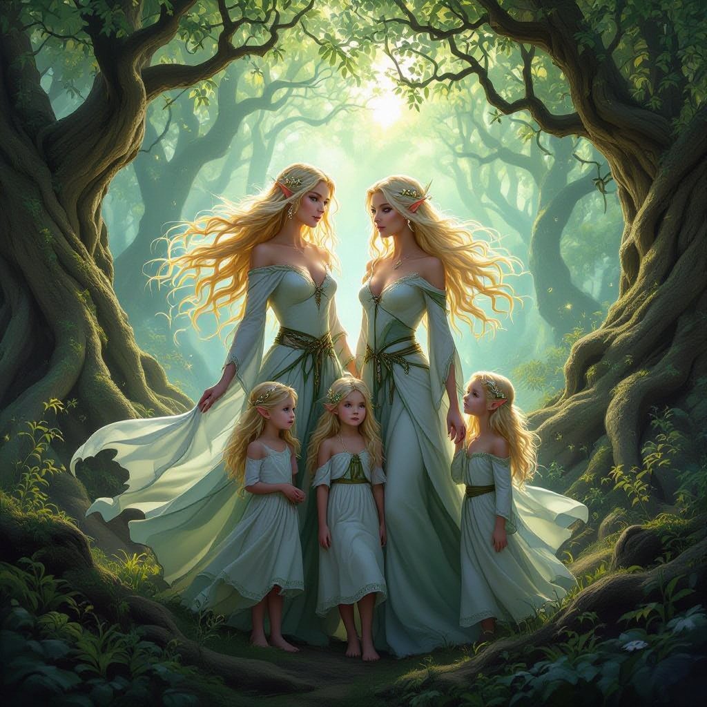 Twin women’s with blond hair and their two sets of twin children 