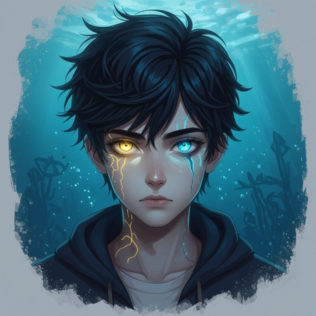 Dark mysterious character teenager boy,with a golden eye and bluish greenish eye with glowing gold veins and deep sea blue vein powers