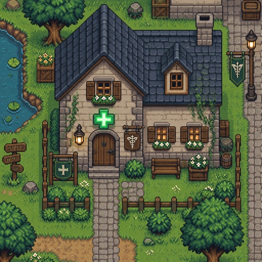 Clinic made from an old house for a modern fantasy game, exterior, top down style