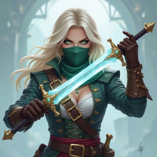 5’7” tall blonde hair almost white bright green eyes human keeps face covered 130 lbs Ghost form tattoo on right arm Duel wielding crystal rapier blades rouge pirate captain