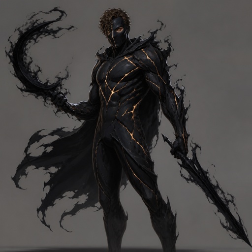 Male superhero with darkness solidification, weapons made of shadows, mask covers whole face except one eye,curly brown hair, cracks, middle aged