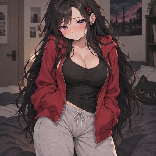a woman with long black hair wearing a red jacket