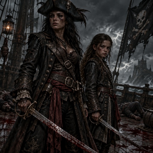She’s the daughter of a pirate she looks like her mother who is the captain of her ship, please can you do the mother and the daughter standing together please. 