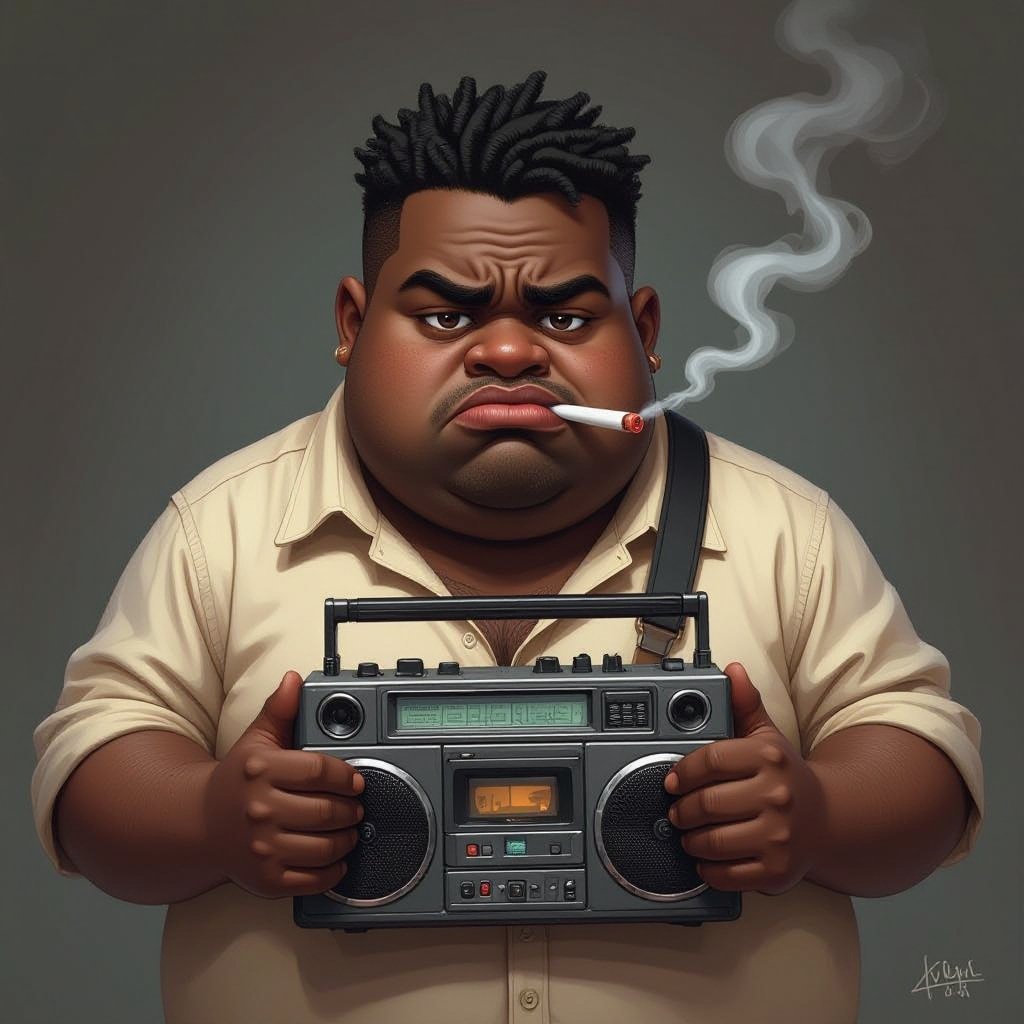 Create a kinda dark skin funny looking fat guy who isnt friendly from New York  has a boom box radio and is a stoner 