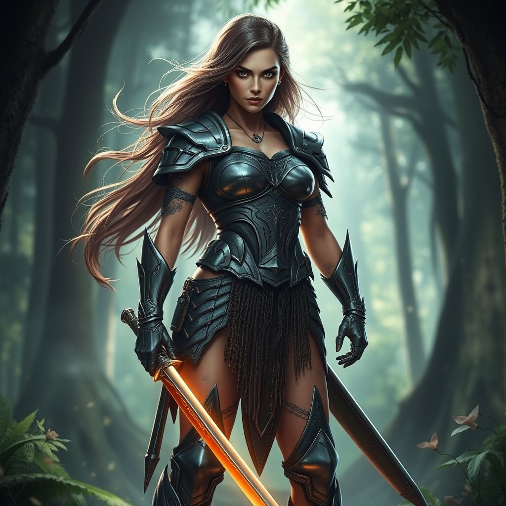 Create a warrior woman , show the whole character head to toe not just the wate and up