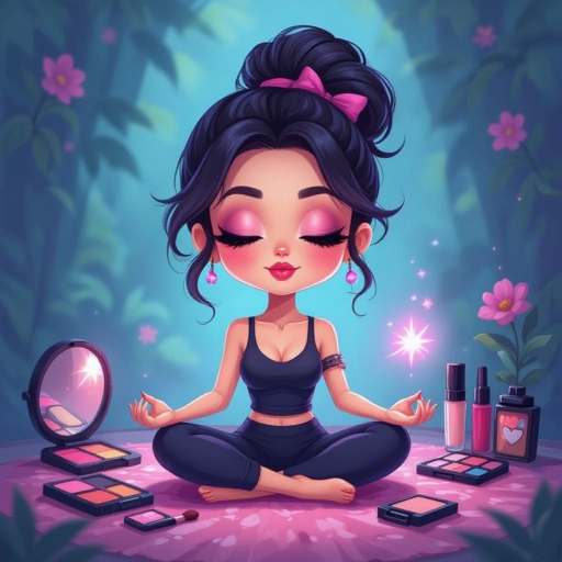 Create a chibi character mid 30’s lady who is the meditating with makeup stuff