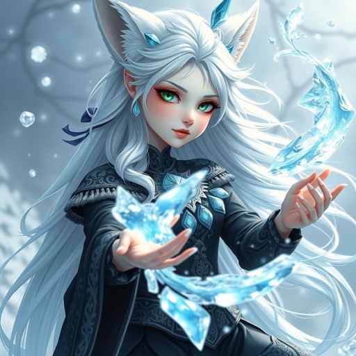 A pale teenage girl. Hair as white as snow with cyan tips, emerald eyes and small fox ears wearing mystic royal black top and trousers conducting ice (Russian themed)