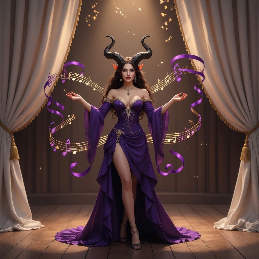 🎨 Render Prompt — Evangeline Ivey, “The Lady of Layers” (Parody of Lingerie)  A semi-realistic fantasy stage portrait of Evangeline Ivey, Fierna Tiefling Bard of the College of Glamour, performing her satire “The Lady of Layers.”  The scene takes place on an ornate candle-lit stage with ivory curtains and wooden floorboards glimmering under soft gold light.  The air carries drifting ribbons of violet and gold magic, shaped like musical notes that coil around her as she performs.  Appearance Porcelain-pale skin (#F3EDEB), long silver-white hair (#D6D6DA) cascading in styled curls, amber-gold eyes (#C88C21) alive with humor.  Symmetrical dark brown ridged horns (#4A3A2C) sweep gracefully back from her brow.  Her tail matches her skin tone, tipped red-and-black, poised behind her like part of the choreography.  Outfit – “The Lady of Layers” (Mock-Lingerie Parody) A parody of opulent lingerie turned into theatrical armor of excess. •  Base: cream silk corset with exaggerated boning and embroidered seams labelled with golden script such as “EXHIBIT A” and “DISPLAY MODEL.” •  Overlays: unnecessary straps, garters, and ribbons looping decoratively across her limbs; some end mid-air, attached to nothing. •  Each motion sets off tiny golden bells or charms sewn into the lace, turning sensual movement into comic percussion. •  Fabrics alternate between cream (#E9DFC7), deep red velvet (#AA1E1E), and gold thread (#C9A33A), echoing her harlequin palette. •  Matching high heels glint with gem inlays; every detail feels deliberate and over-designed.  Pose & Expression Full-body to the shins, 2:3 aspect.  Evangeline stands mid-bow, one hand on her hip, the other sweeping outward in grand presentation.  Her expression carries an amused smirk, eyes bright with mock pride—aware of the ridiculous excess yet utterly commanding it.  Lighting & Tone Warm candlelight key, soft rim outlining her silhouette.  The stage glows like polished honey; violet and gold reflections ripple across her corset and hair.  The atmosphere is decadent, clever, and ironic—glamour turned back on itself.  Mood A master performer exposing the mechanics of allure: confident, self-aware, and radiant in the comedy of beauty.