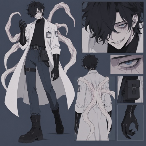 Male, black messy wavy greasy hair, thin straight shoulder length hair in the back, long hair in the front covering one eye, blue eyes, eye bags, veins under eyes, pale tendrils coming out of back with veins, blue pants, boots, black rubber gloves, scientist jacket buttoned up, belt with pouch, evil smile
