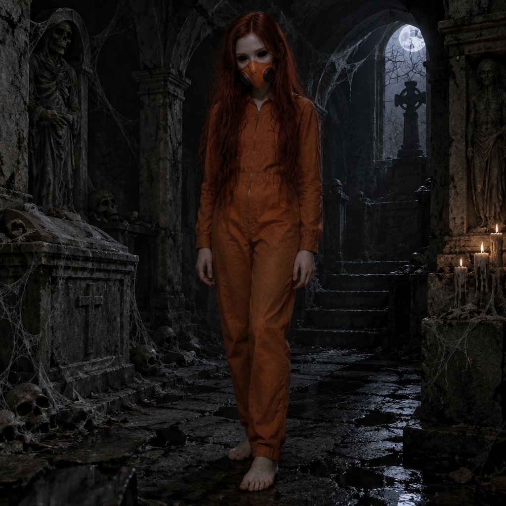 Female wearing an orange one piece legs covered sleeveless feet showing, red long hair, completely black eyes, orange breathing mask, 15 years old
