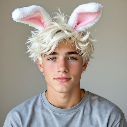 Hot teenage boy with white hair and bunny ears