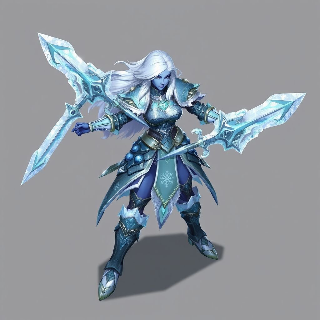 Create a battle woman hero called Alvara the Frostheart. Show full body head to toe including shoes 
